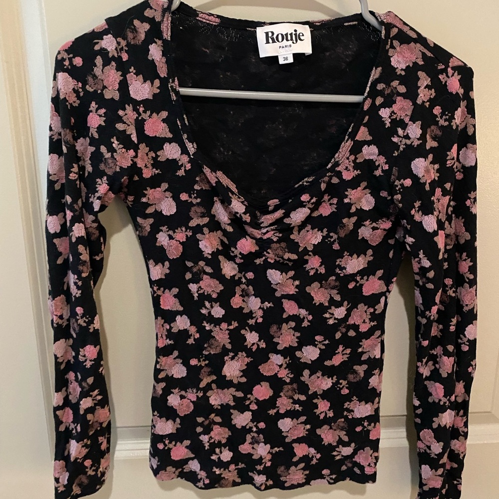 Rouje Black Long Sleeve Floral Top with Pink Flowers